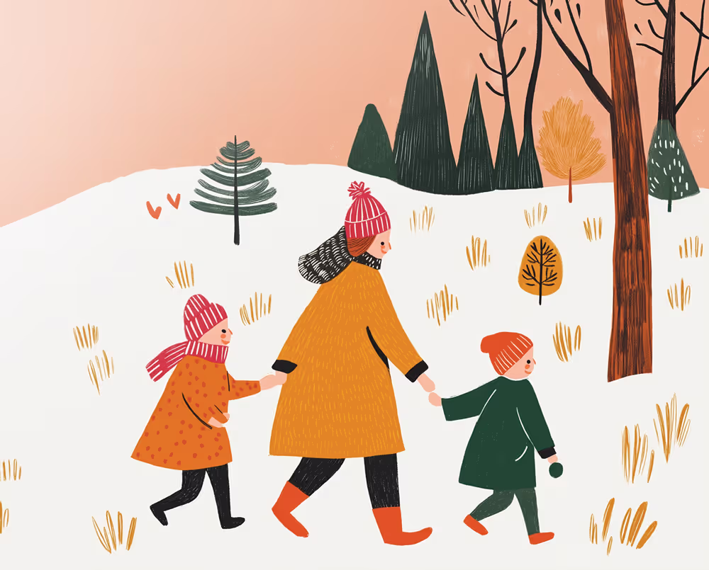 Illustration of family holding hands walking on snow