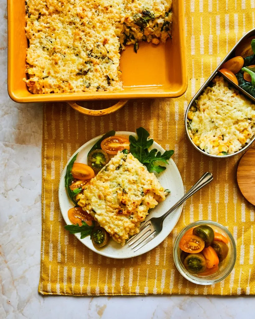 Creamy Sweetcorn Cheddar Spinach Rice Bake